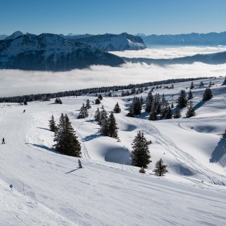 Domaine skiable enneigé avec skieurs au loin